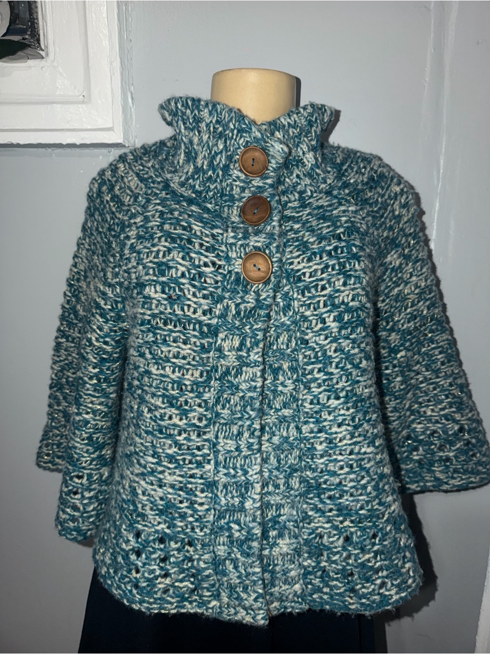 Free People Teal and Cream Marled Knit Cape Coat with Wooden Buttons